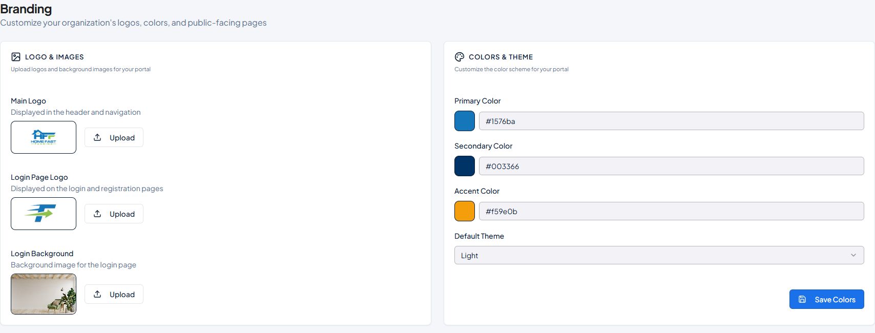 FastIQ Branding page with logo uploads and color settings