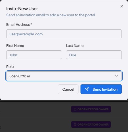 FastIQ Invite New User dialog with email, name, and role fields